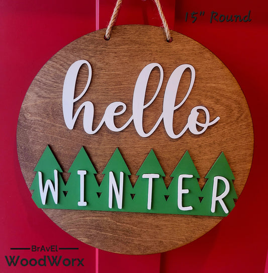 Hello Winter Door Sign – Handcrafted Seasonal Wall Decor