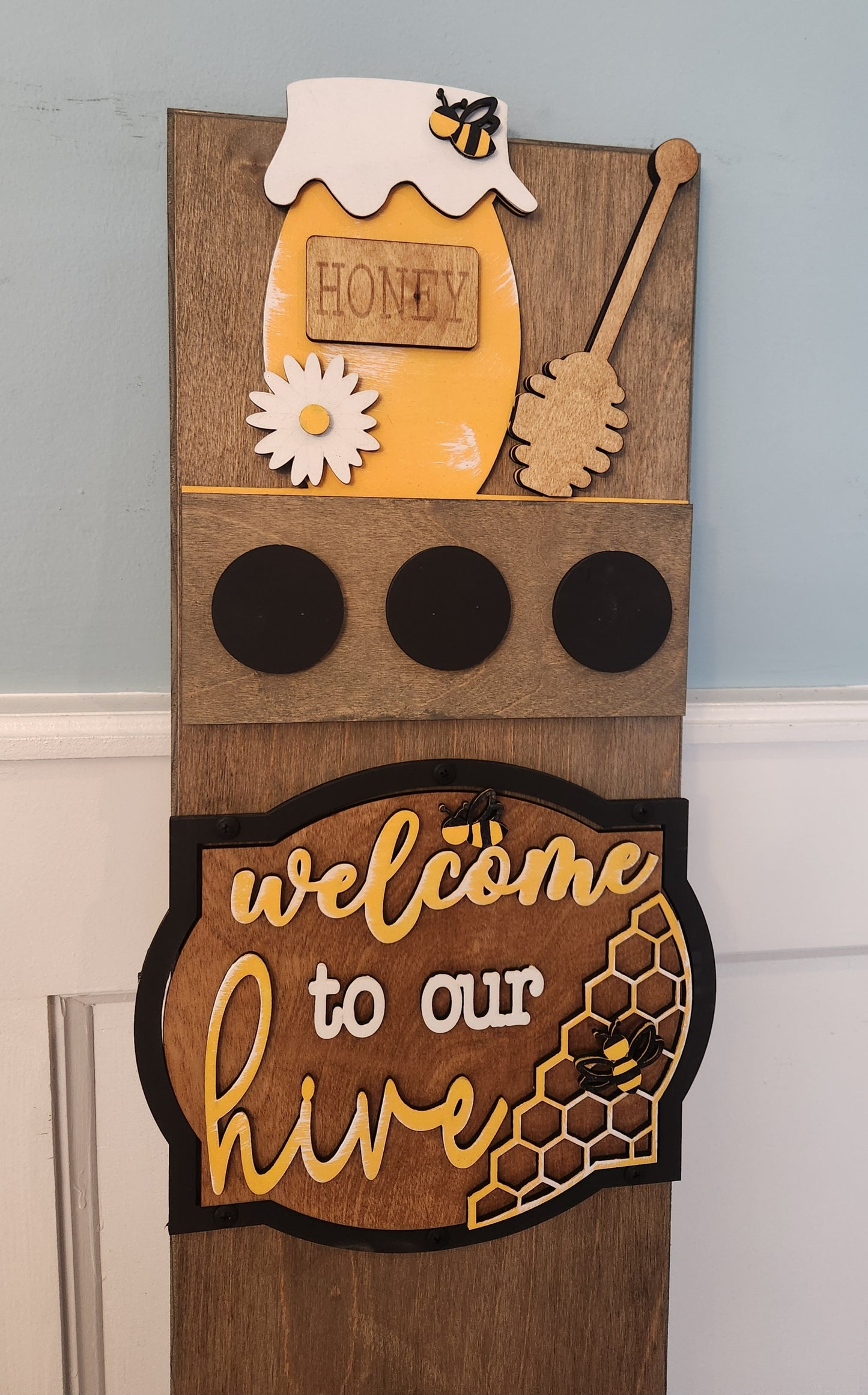 Summer Bee Hive Interchangeable Porch Leaner – Custom Wooden Front Porch Sign with Swappable Holiday & Everyday Designs