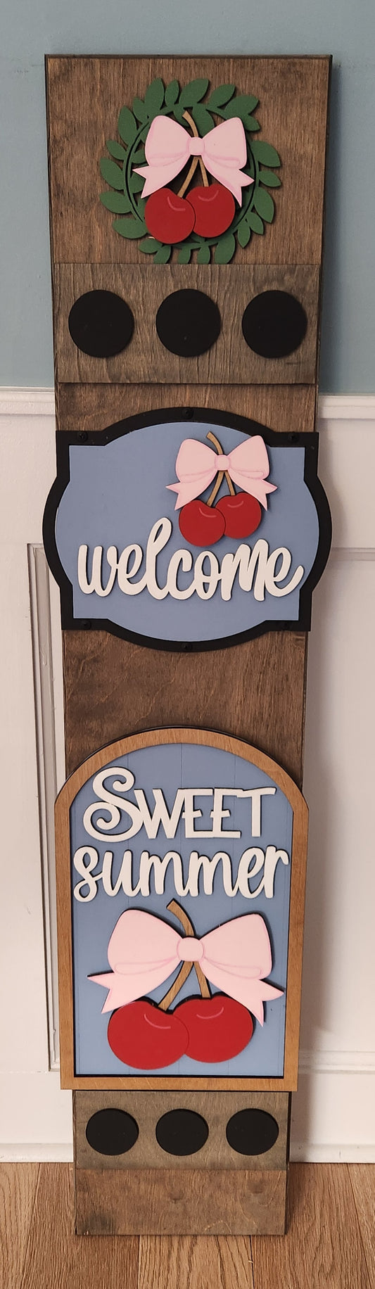 Summer Cherry Interchangeable Porch Leaner – Custom Wooden Front Porch Sign with Swappable Holiday & Everyday Designs