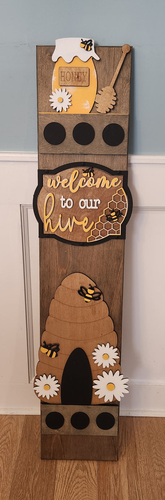 Summer Bee Hive Interchangeable Porch Leaner – Custom Wooden Front Porch Sign with Swappable Holiday & Everyday Designs