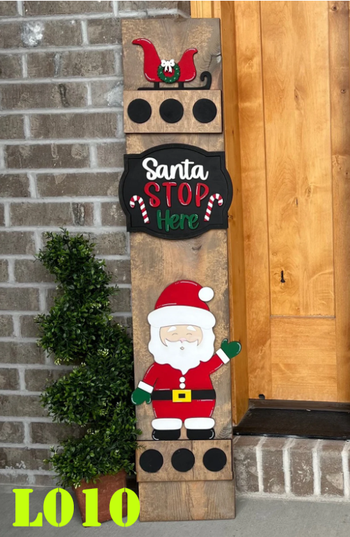 Christmas Santa Stop Here Holiday Interchangeable Porch Leaner – Custom Wooden Front Porch Sign with Swappable Holiday & Everyday Designs