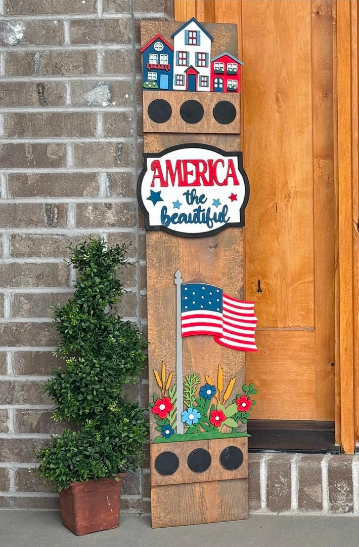 Patriotic USA Freedom Flag Interchangeable Porch Leaner – Custom Wooden Front Porch Sign with Swappable Holiday & Everyday Designs