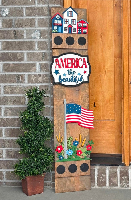 Patriotic USA Freedom Flag Interchangeable Porch Leaner – Custom Wooden Front Porch Sign with Swappable Holiday & Everyday Designs