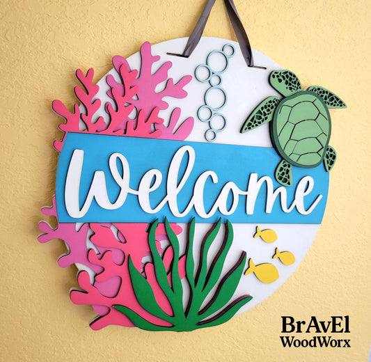 Below the Sea Welcome: Sea Turtle Door Sign – Coastal Charm for Your Home