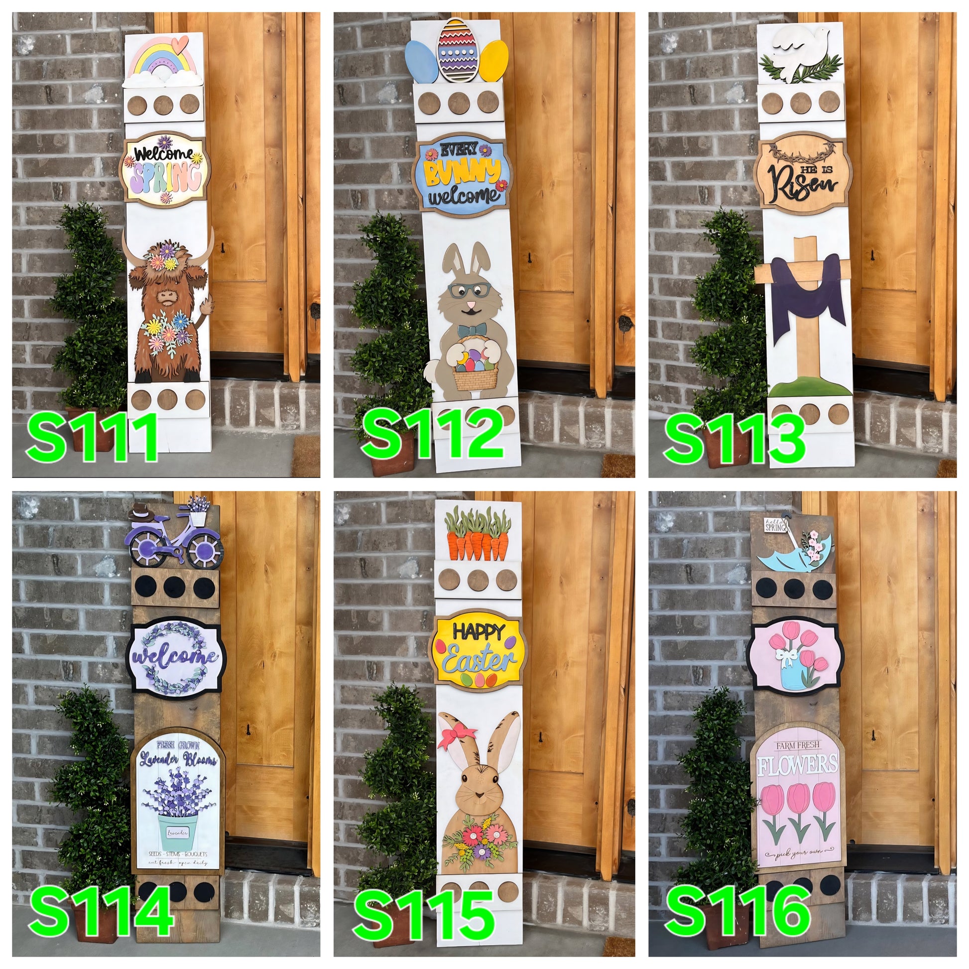 Set of decorative wooden signs with various designs and text, displayed against a brick wall.