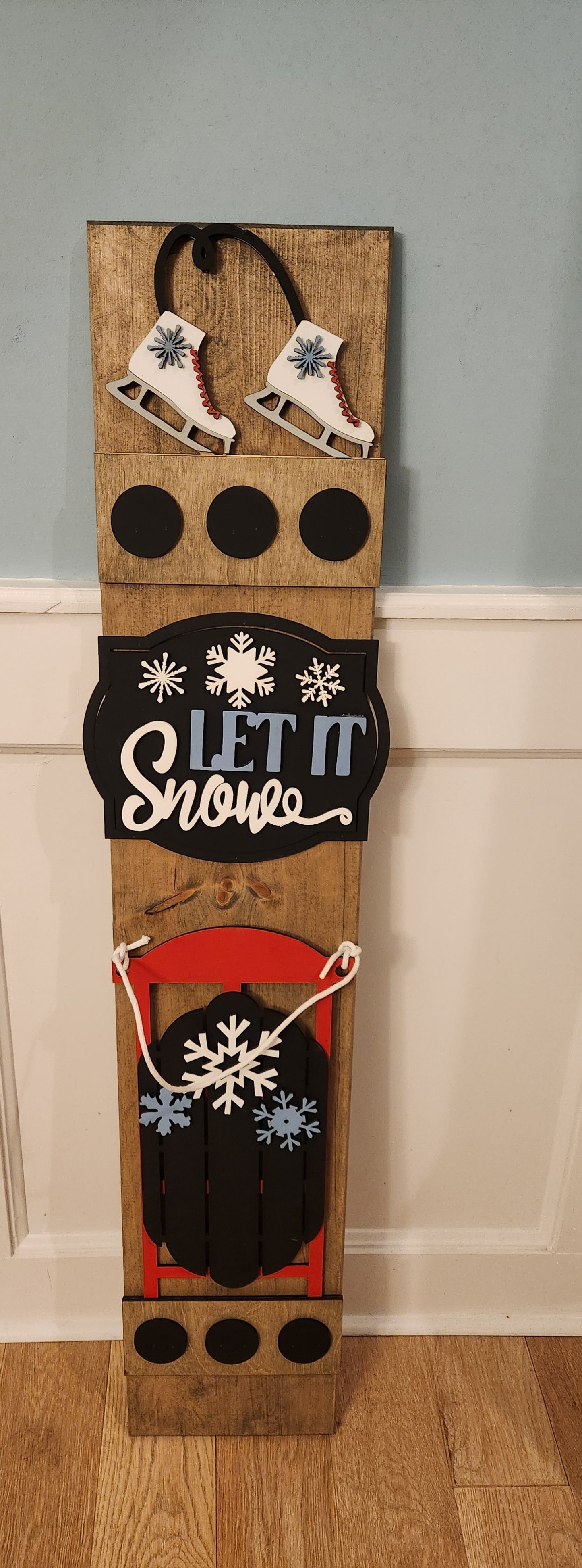 Winter Christmas Let It Snow Sled Holiday Interchangeable Porch Leaner – Custom Wooden Front Porch Sign with Swappable Holiday & Everyday Designs