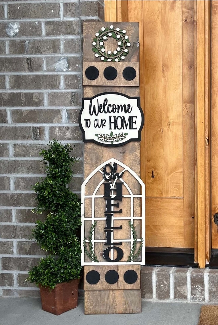 Interchangeable Porch Leaner – Welcome to our Home Custom Wooden Front Porch Sign with Swappable Holiday & Everyday Designs