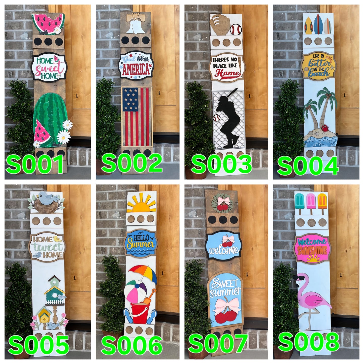Collection of decorative wooden signs with various designs and text, displayed against a brick wall.