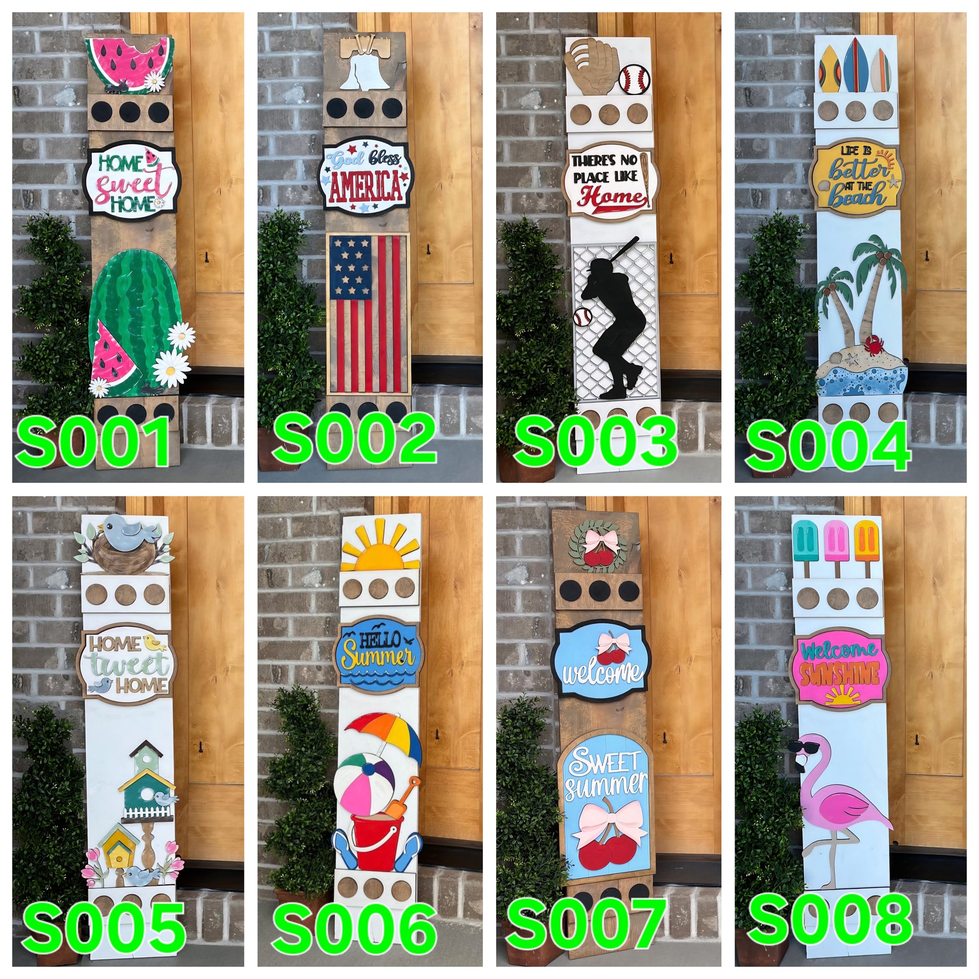 Collection of decorative wooden signs with various designs and text, displayed against a brick wall.