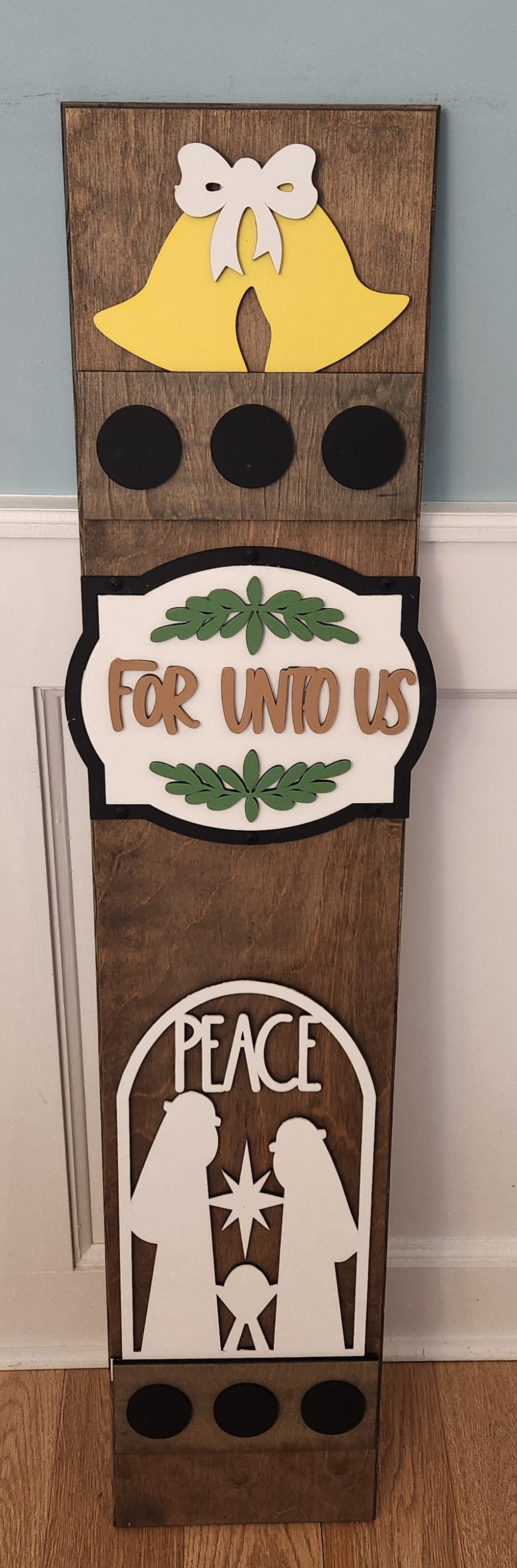 For Unto Us Holy Holiday Nativity Interchangeable Porch Leaner – Custom Wooden Front Porch Sign with Swappable Holiday & Everyday Designs