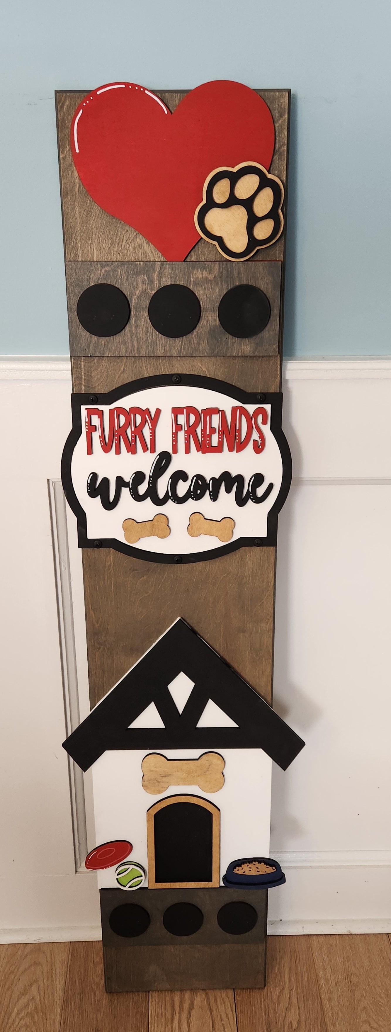 Welcome Furry Friends Dog Lover Interchangeable Porch Leaner – Custom Wooden Front Porch Sign with Swappable Holiday & Everyday Designs