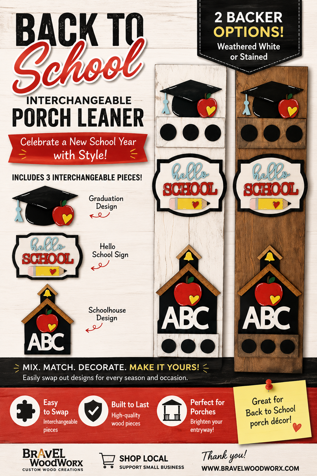 Fall Back To School Interchangeable Porch Leaner – Custom Wooden Front Porch Sign with Swappable Holiday & Everyday Designs