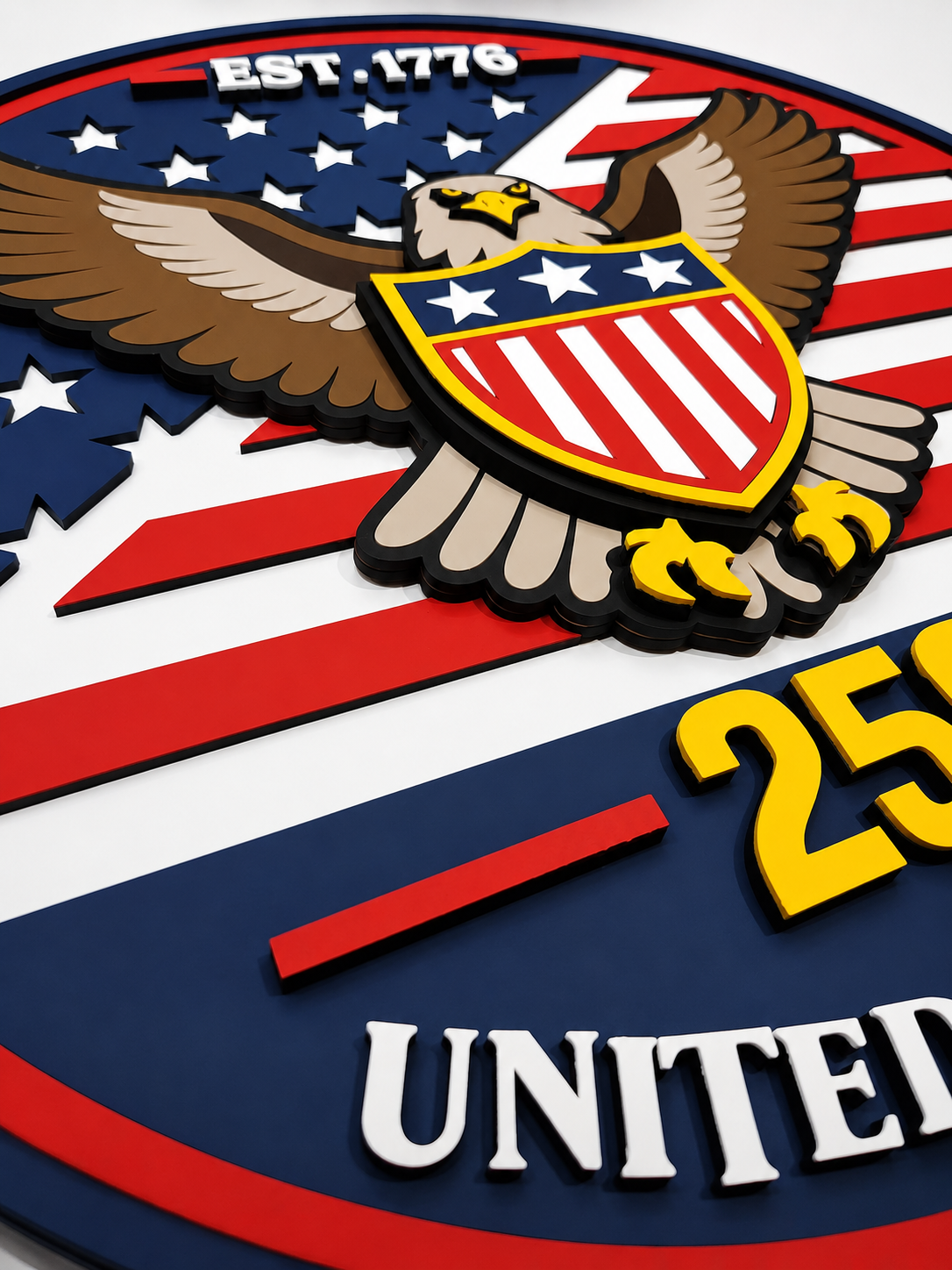 Patriotic 250th Anniversary Sign – Handmade 16" Round Layered Wood Wall Decor, Hand Painted Raised Eagle & American Flag, Est. 1776 “United We Stand” Hanging Sign