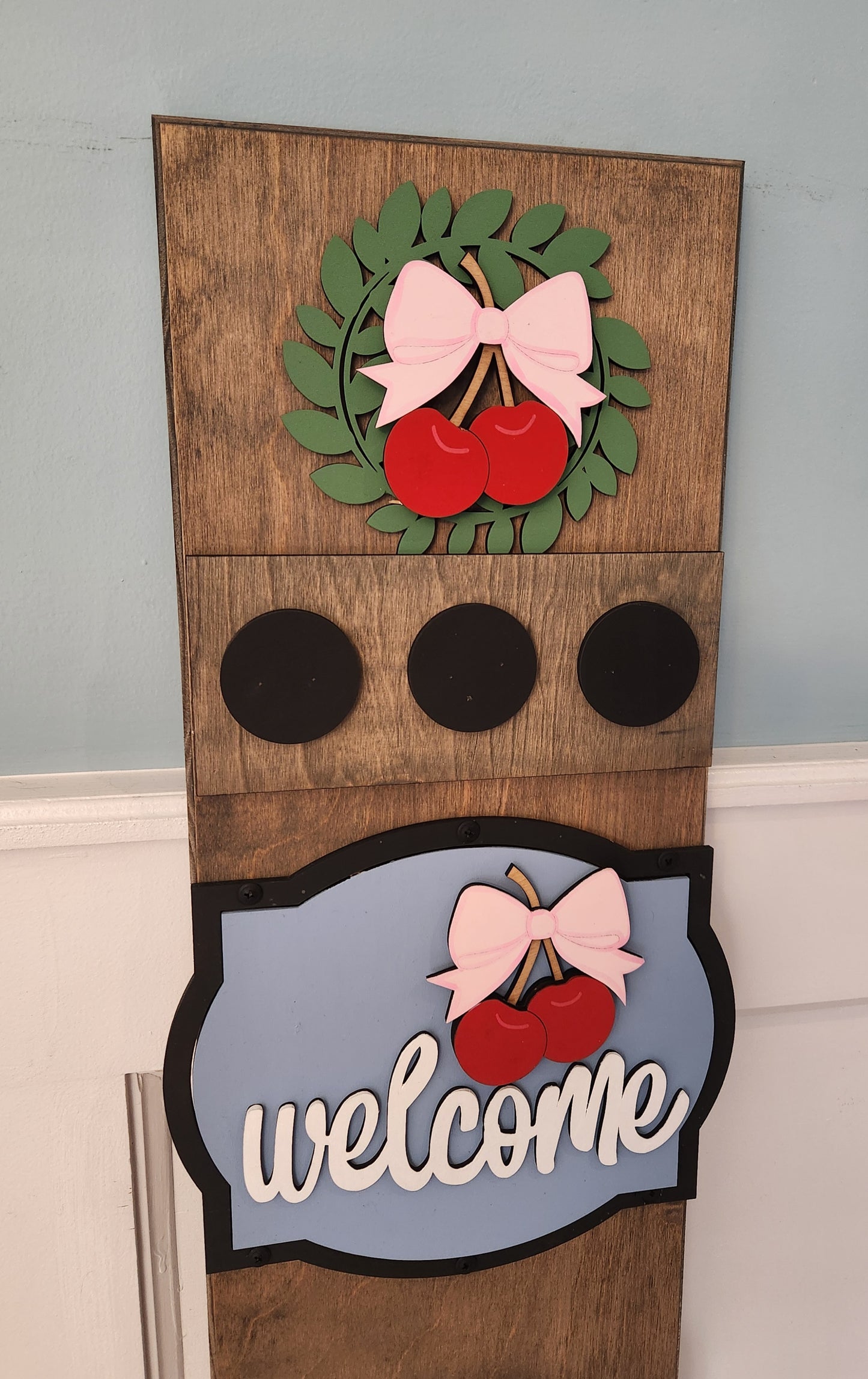 Summer Cherry Interchangeable Porch Leaner – Custom Wooden Front Porch Sign with Swappable Holiday & Everyday Designs