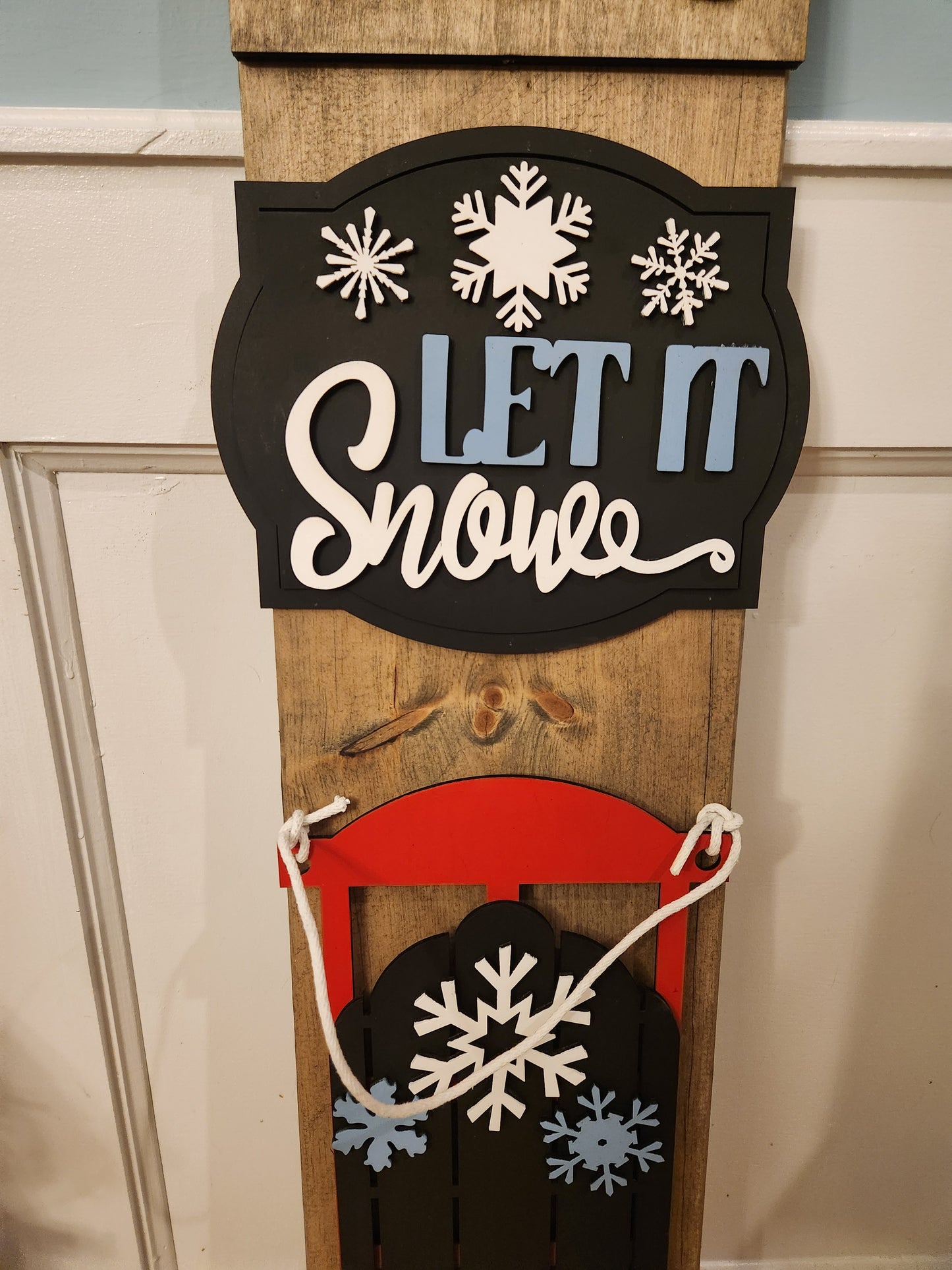 Winter Christmas Let It Snow Sled Holiday Interchangeable Porch Leaner – Custom Wooden Front Porch Sign with Swappable Holiday & Everyday Designs