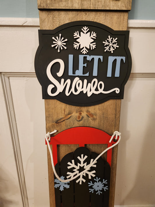 Winter Christmas Let It Snow Sled Holiday Interchangeable Porch Leaner – Custom Wooden Front Porch Sign with Swappable Holiday & Everyday Designs