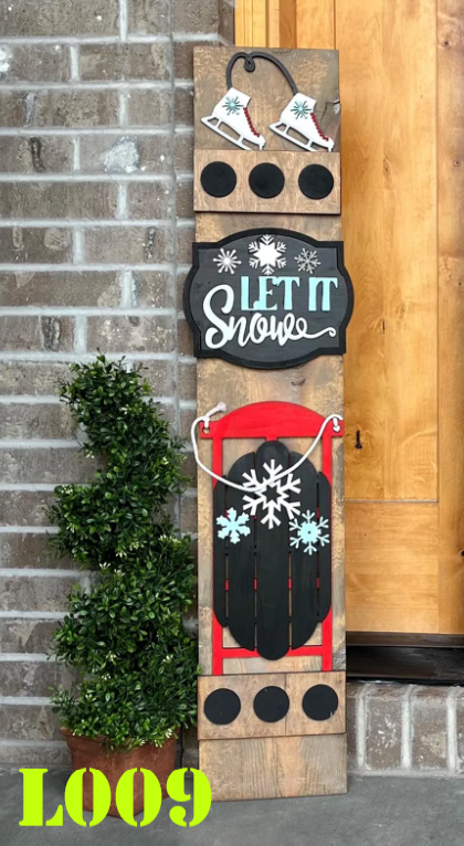 Winter Christmas Let It Snow Sled Holiday Interchangeable Porch Leaner – Custom Wooden Front Porch Sign with Swappable Holiday & Everyday Designs