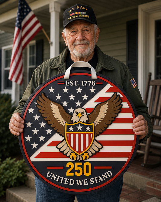 Patriotic 250th Anniversary Sign – Handmade 16" Round Layered Wood Wall Decor, Hand Painted Raised Eagle & American Flag, Est. 1776 “United We Stand” Hanging Sign