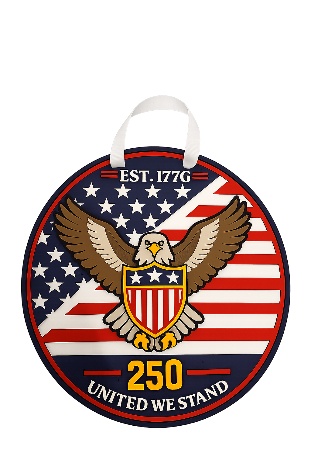 Patriotic 250th Anniversary Sign – Handmade 16" Round Layered Wood Wall Decor, Hand Painted Raised Eagle & American Flag, Est. 1776 “United We Stand” Hanging Sign