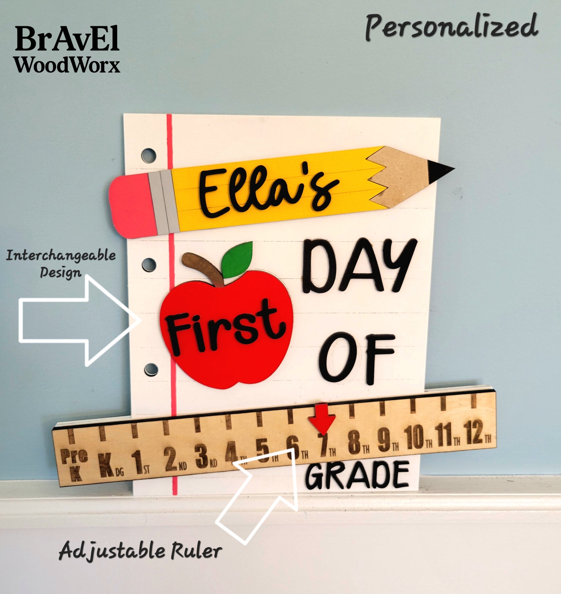 Personalized 'Day of First Grade' sign with adjustable ruler and interchangeable design on a light blue background.